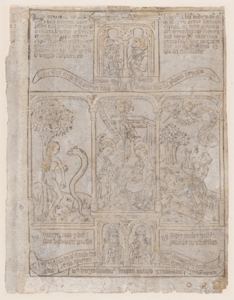 The Annunciation, flanked by Eve and the Serpent and Gideon's Fleece, from a Biblia Pa..., ca. 1465. Creator: Anon.