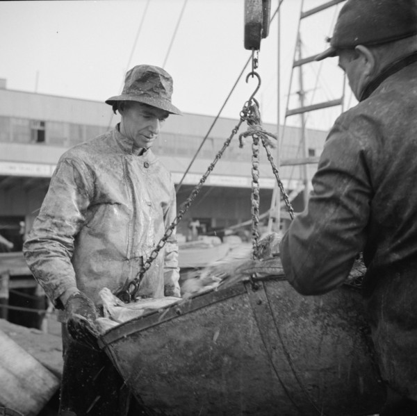 Possibly: New England fishermen unloading fish at the Fulton fish market, New York, 1943. Creator: Gordon Parks.
