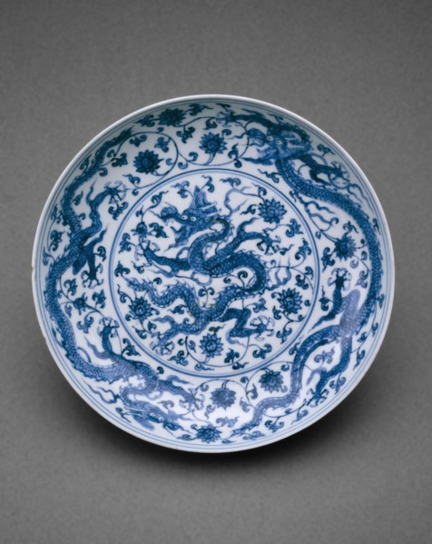 Dish with Dragons Writhing amid Floral Scrolls, Ming dynasty (1368-1644), Zhengde reign (1506-1521). Creator: Unknown.