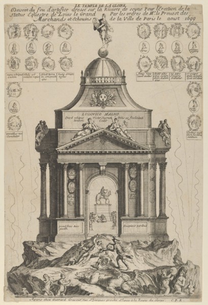 Fireworks celebrating the erection of the Temple of Glory and equestrian statue of Louis l..., 1699. Creator: Anon.
