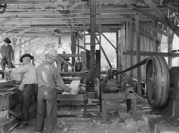 The sawmill in operation...Ola self-help sawmill co-op, Gem County, Idaho, 1939. Creator: Dorothea Lange.
