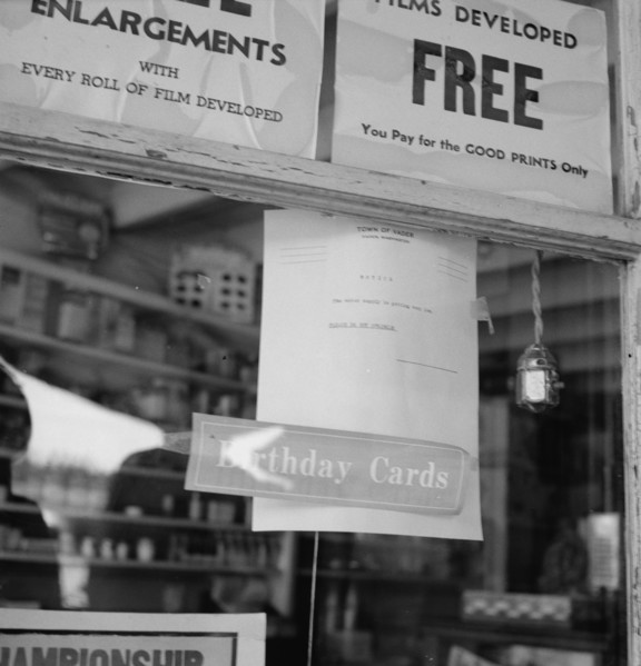 Across the counter is Ghost Town Café, Vader, Lewis County, Western Washington, 1939. Creator: Dorothea Lange.