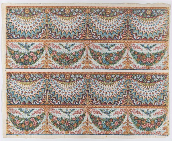 Sheet with a two borders with four hanging draperies,multicolor fest..., late 18th-mid-19th century. Creator: Anon.