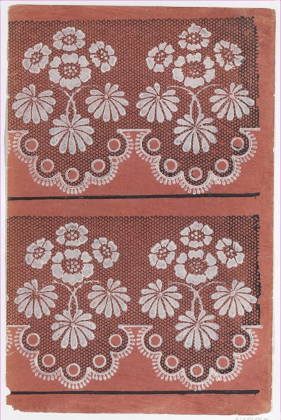 Red sheet with two borders with a white floral pattern atop a black ..., late 18th-mid-19th century. Creator: Anon.