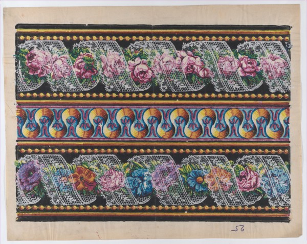 Sheet with a border with floral garlands and lace on a black backgro..., late 18th-mid-19th century. Creator: Anon.