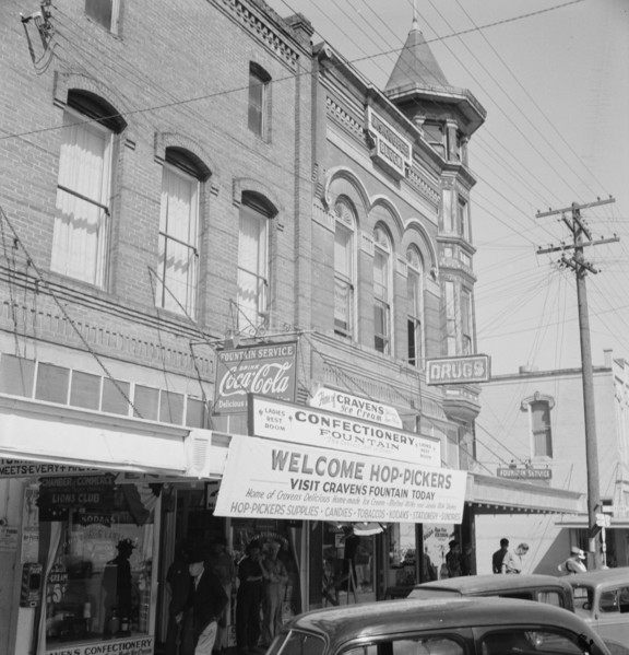 Street corner, Williamette Valley. Small town during hop season. Independence, Polk County, Oregon.