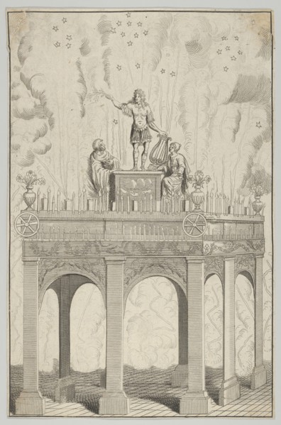 Triumphal arch with sculpture of Louis XIV as Apollo and fireworks in the background, 17th century.