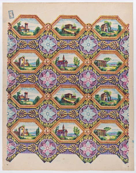 Sheet with pattern of brightly colored landscapes in hexagonal frames, late 18th-mid-19th century.