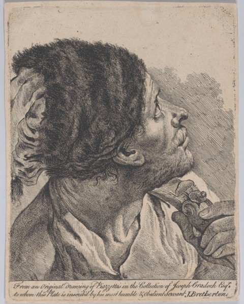 Man in a fur hat holding a musket, looking upwards; after Giovanni Battista Piazzetta, 1770-80.