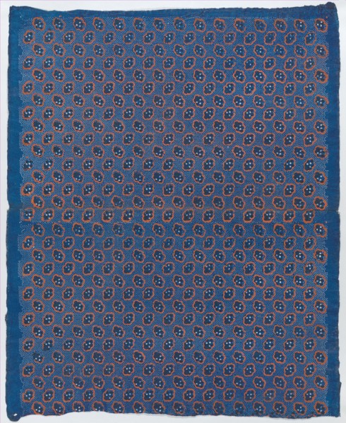 Blue sheet with two borders with a white floral and lace pattern, late 18th-mid-19th century.