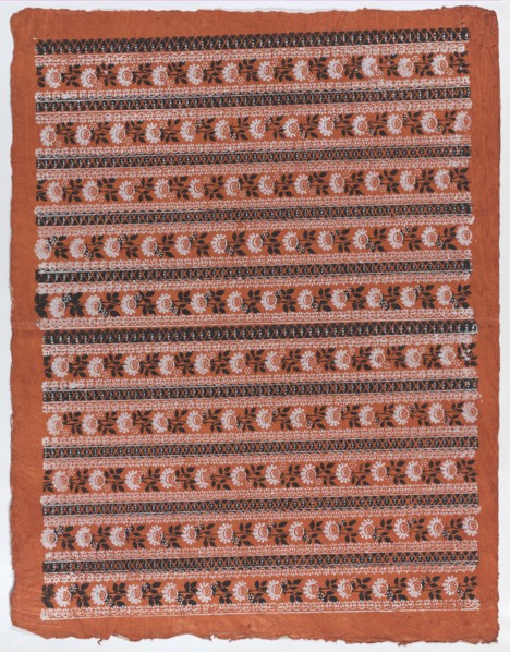 Sheet with ten borders with floral patterns on orange background, late 18th-mid-19th century.
