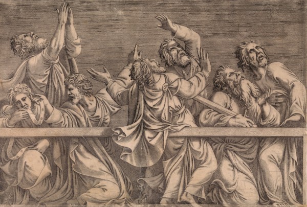 The Apostles Looking at Christ and the Virgin in a Glory of Angels (bottom left plate), 1546.
