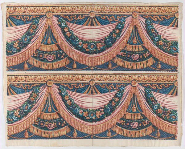 Sheet with two borders with draped curtains and floral garlands, late 18th-mid-19th century.