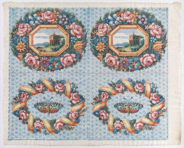 Sheet with two borders with a landscape and moth within wreaths, late 18th-mid-19th century.