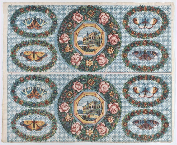 Sheet with two borders with landscapes and moths within wreaths, late 18th-mid-19th century.