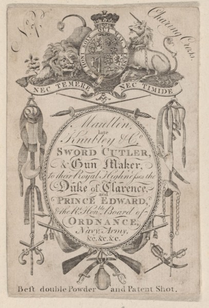 Trade Card Bearing the Name of the Late Gunmaker John Knubley (1750-1795), ca. 1795-1804.