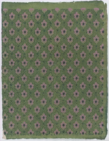 Sheet with overall pink floral pattern on green background, late 18th-mid-19th century.
