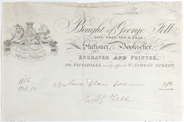 Trade Card for George Fell, Stationer, Bookseller, Engraver and Printer, 19th century.