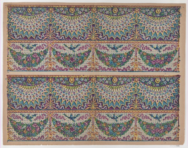 Sheet with five bouquets on a blue checkered background, late 18th-mid-19th century.