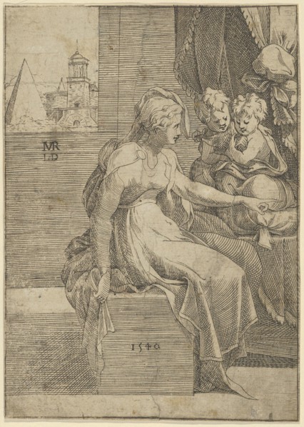 Seated woman with two children (Virgin with Christ and St John the Baptist?), 1540.
