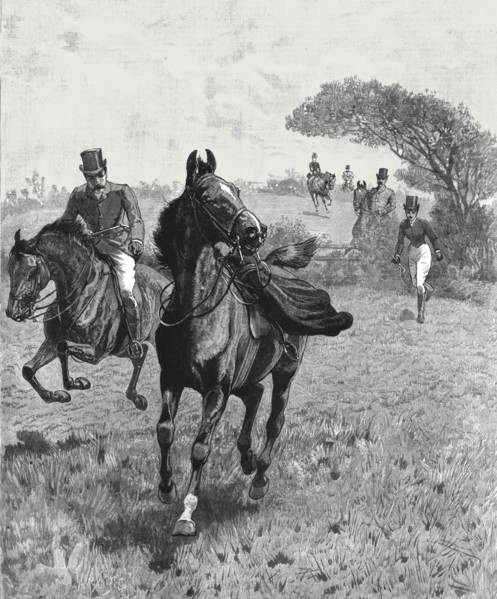 ''"Parted" or, The Lady and her skirt--A slight mishap in the Hunting Field', 1890.