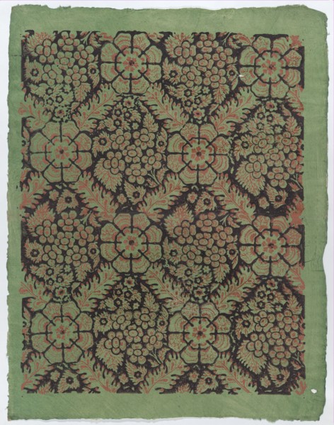 Sheet with overall floral pattern on green background, late 18th-mid-19th century.