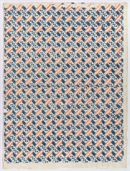 Sheet with overall orange and blue geometric pattern, late 18th-mid-19th century.