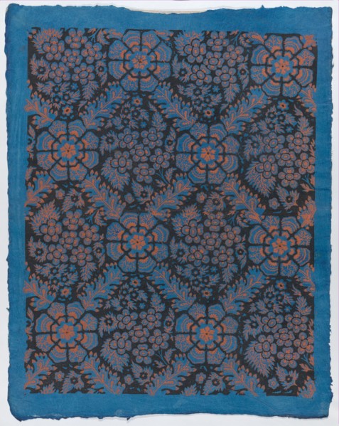Sheet with overall floral pattern on blue background, late 18th-mid-19th century.