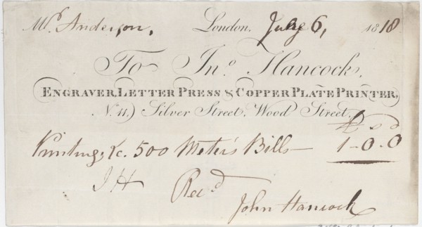 Trade Card for John Hancock, Engraver, Letter Press & Copper Plate Printer, 1818.