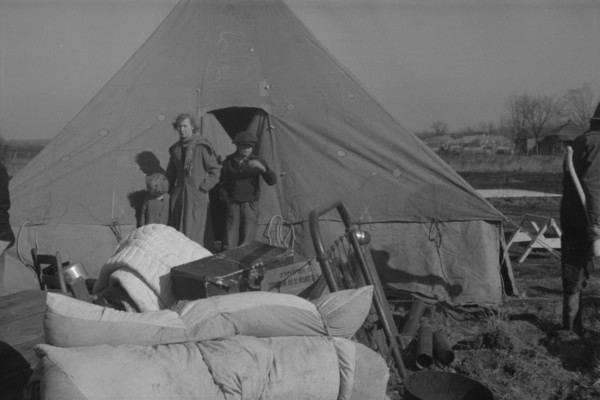 Setting up a tent in the camp for white flood refugees, Forrest City, Arkansas.