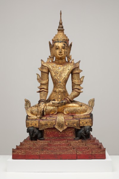 Crowned and Bejewelled Buddha Seated on an Elephant Throne, Late 19th century.