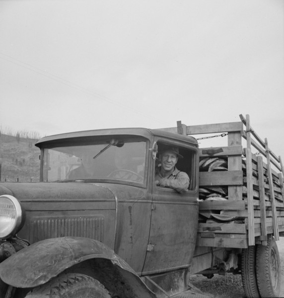 Stump farmer bringing load of slab wood to sell in town. Bonner County, Idaho.