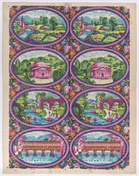 Sheet with two borders with Italian landscapes, late 18th-mid-19th century.