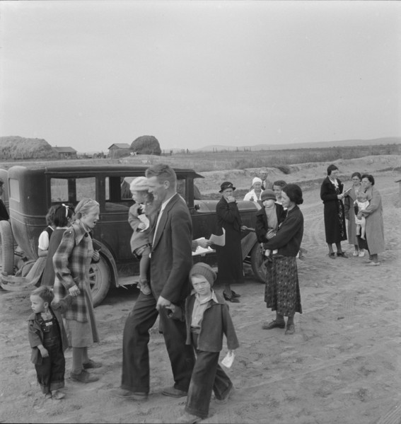 Congregation leaving after services. Dead Ox Flat, Malheur County, Oregon.