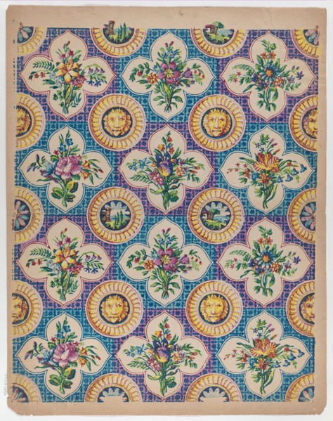 Sheet with pattern of bouquets and lion heads, late 18th-mid-19th century.