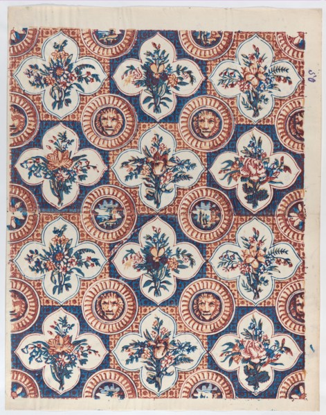 Sheet with pattern of bouquets and lion heads, late 18th-mid-19th century.