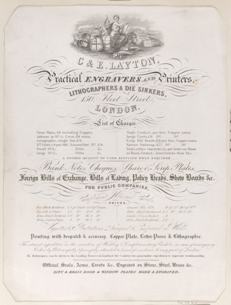 Trade Card for Charles and Edwin Layton, Engravers and Printers, ca. 1800.
