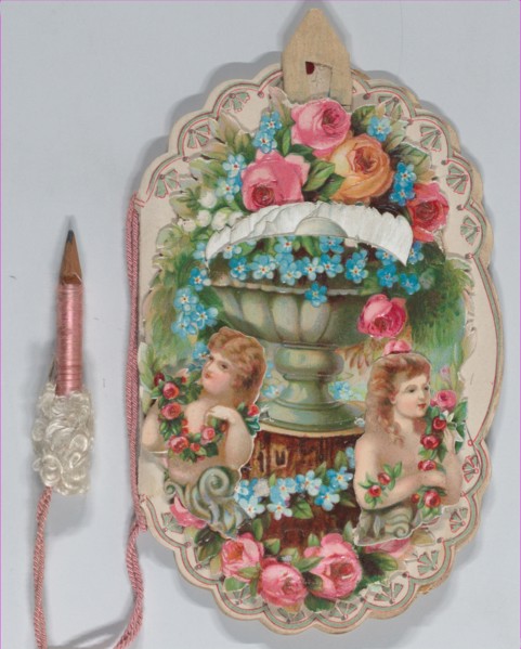 Valentine - Mechanical - elaborate Valentine, Dance Card, Baby, 1883.
