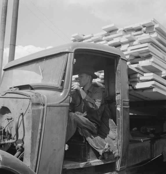 Sawn lumber leaving the mill by truck. Keno, Klamath County, Oregon.