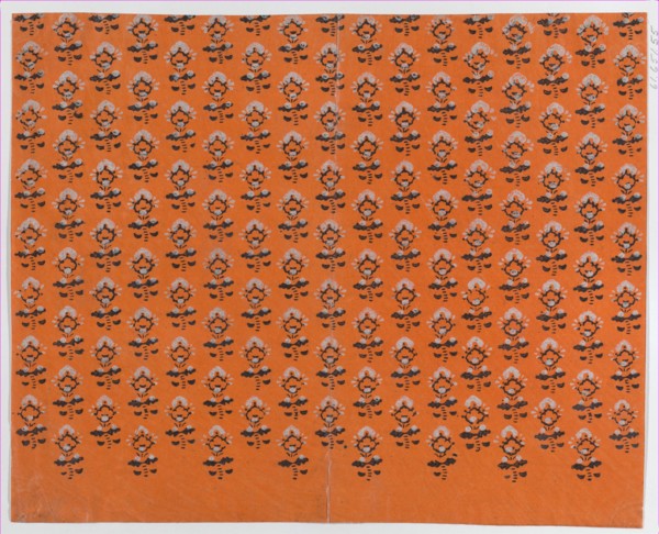 Sheet with blue and orange leaf pattern, late 18th-mid-19th century.