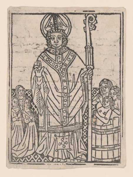 Saint Nicholas of Myra flanked by praying figures, ca. 1460-1470.