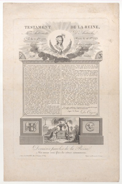 The testament and last words of Marie Antoinette, 1793-1819.