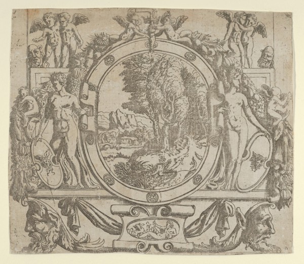 Oval landscape in an ornate frame, ca. 1542-45.