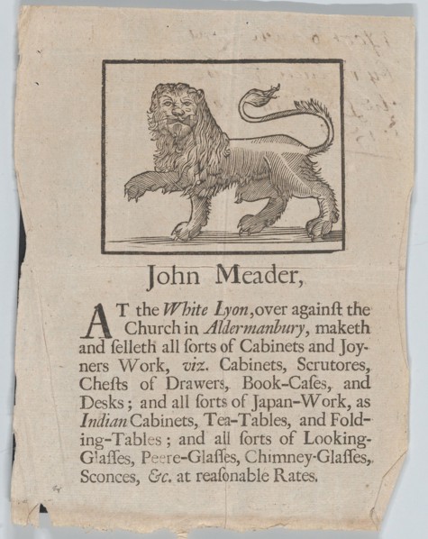 Trade Card of John Meader, Cabinets and Joyners Work, ca. 1690-1720. Creator: John Meader.