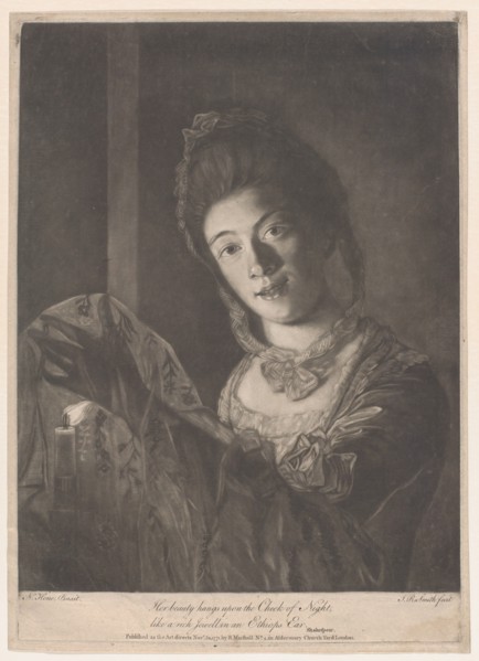 Miss Lydia Hone - "Her beauty hangs on the Cheek of Night, like a rich Jewel ..., November 30, 1771. Creator: John Raphael Smith.