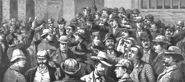 ''The Transvaal Gold Fields and how to reach them--Scene in the Open-Air 'Change, Johanne...', 1890. Creator: Unknown.