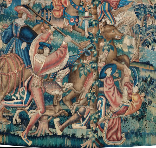 Tapestry (Bear Hunt and Falconry from a Hunts Series), Belgium, c. 1525. Creator: Unknown.