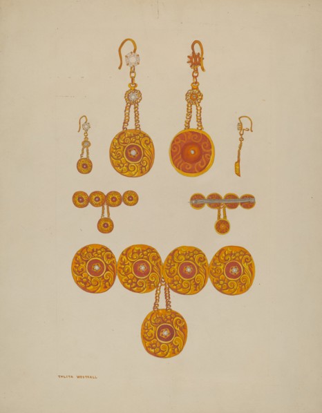 Earrings and Brooch, c. 1937. Creator: Tulita Westfall.