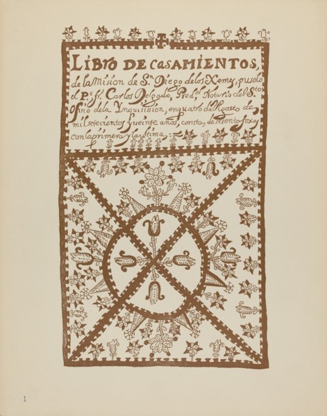 Plate 1: Jemez Book of Marriages: From Portfolio "Spanish Colonial Designs of New Mexico", 1935/1942 Creator: Unknown.