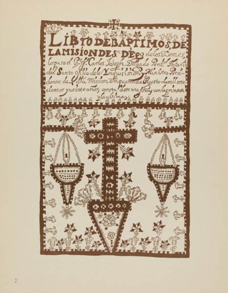Plate 2: Jemez Book of Baptisms: From Portfolio "Spanish Colonial Designs of New Mexico", 1935/1942. Creator: Unknown.
